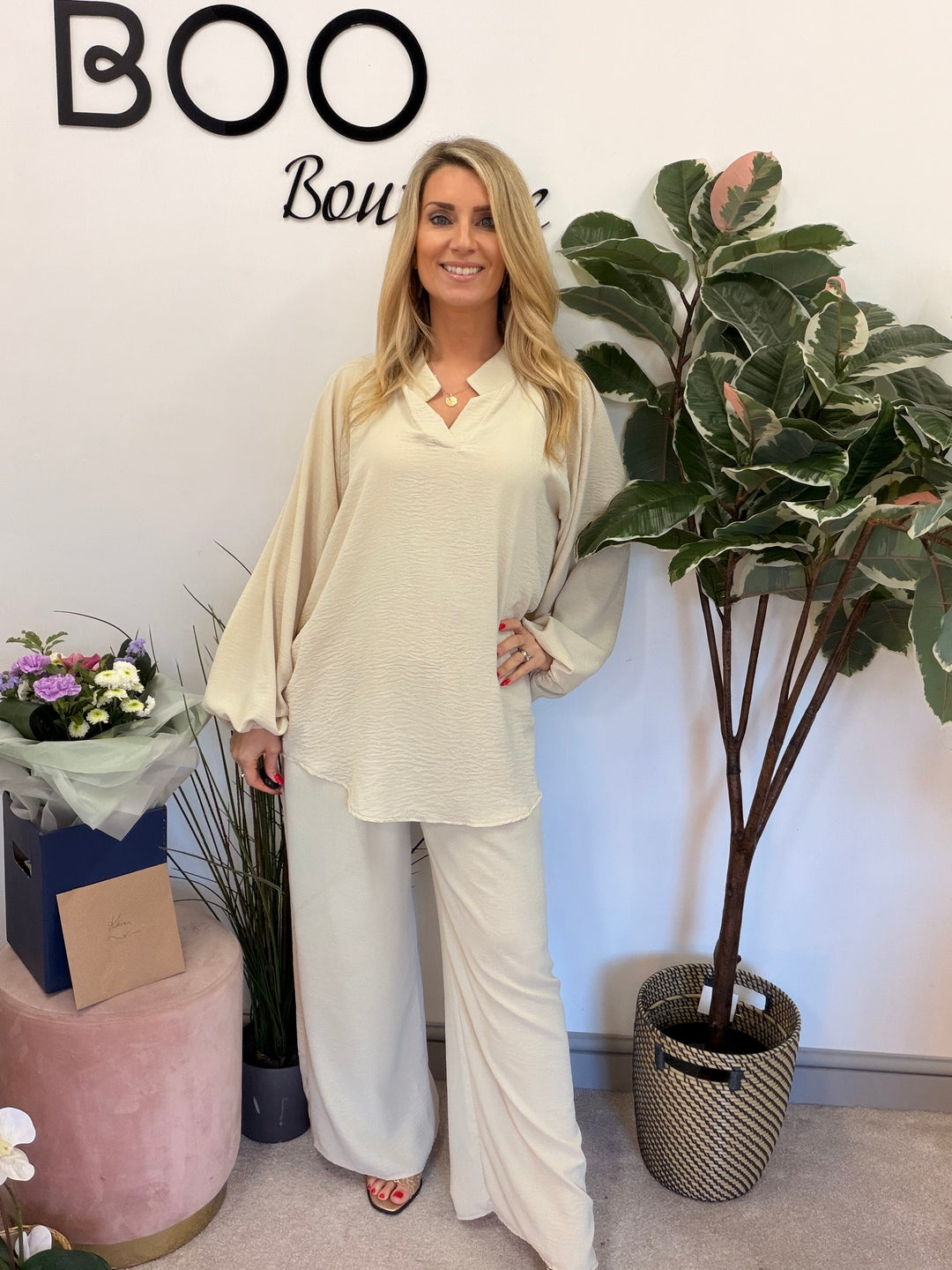 Ladies Fashion Wide Leg Trouser Co Ord Set - lemon, black, navy & beige