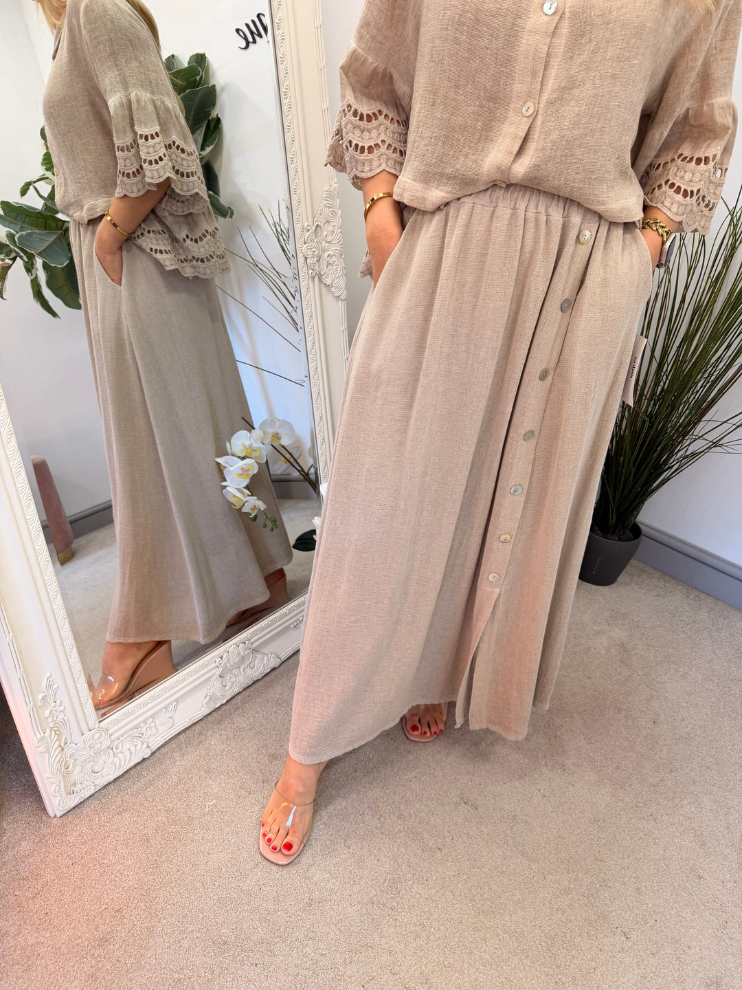 Ladies Fashion Teabag Linen Maxi Skirt - pink, blue, turquoise, beige, white, lime