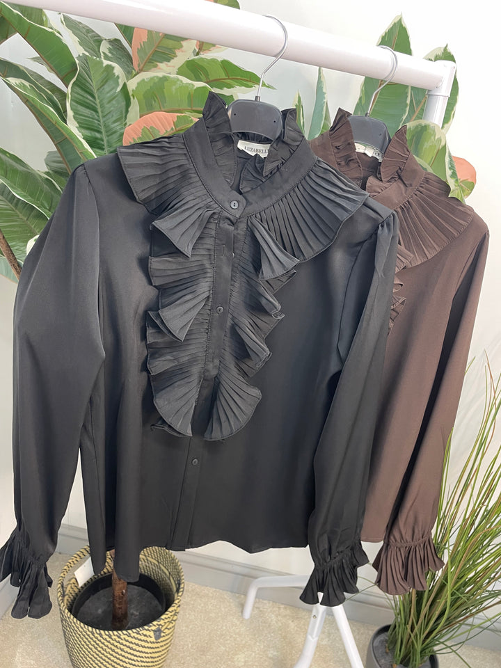 LADIES FRILL FRONT BLOUSE SHIRT - BLACK & BROWN