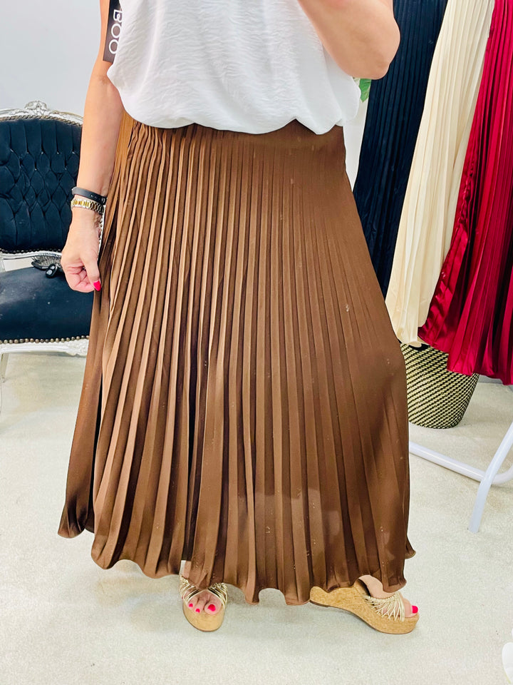 LADIES SATIN PLEATED MAXI SKIRT - BLACK, BURGUNDY, BROWN & CHAMPAGNE