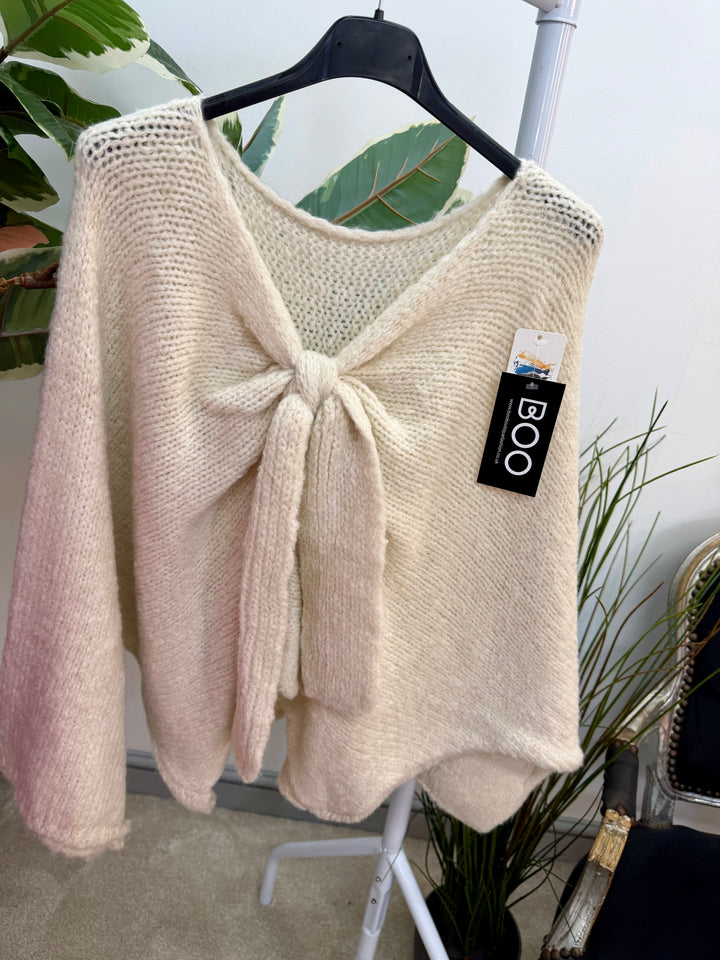 LADIES CHUNKY BOW JUMPER - PINK, MINT, LEMON, BLUE, BEIGE & GREY