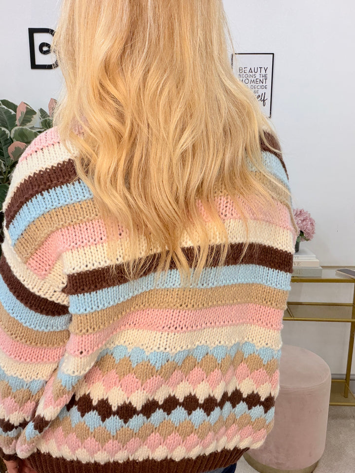 Ladies Fashion Beige Brown Blue Pink Stripe Chunky Knit Cardigan