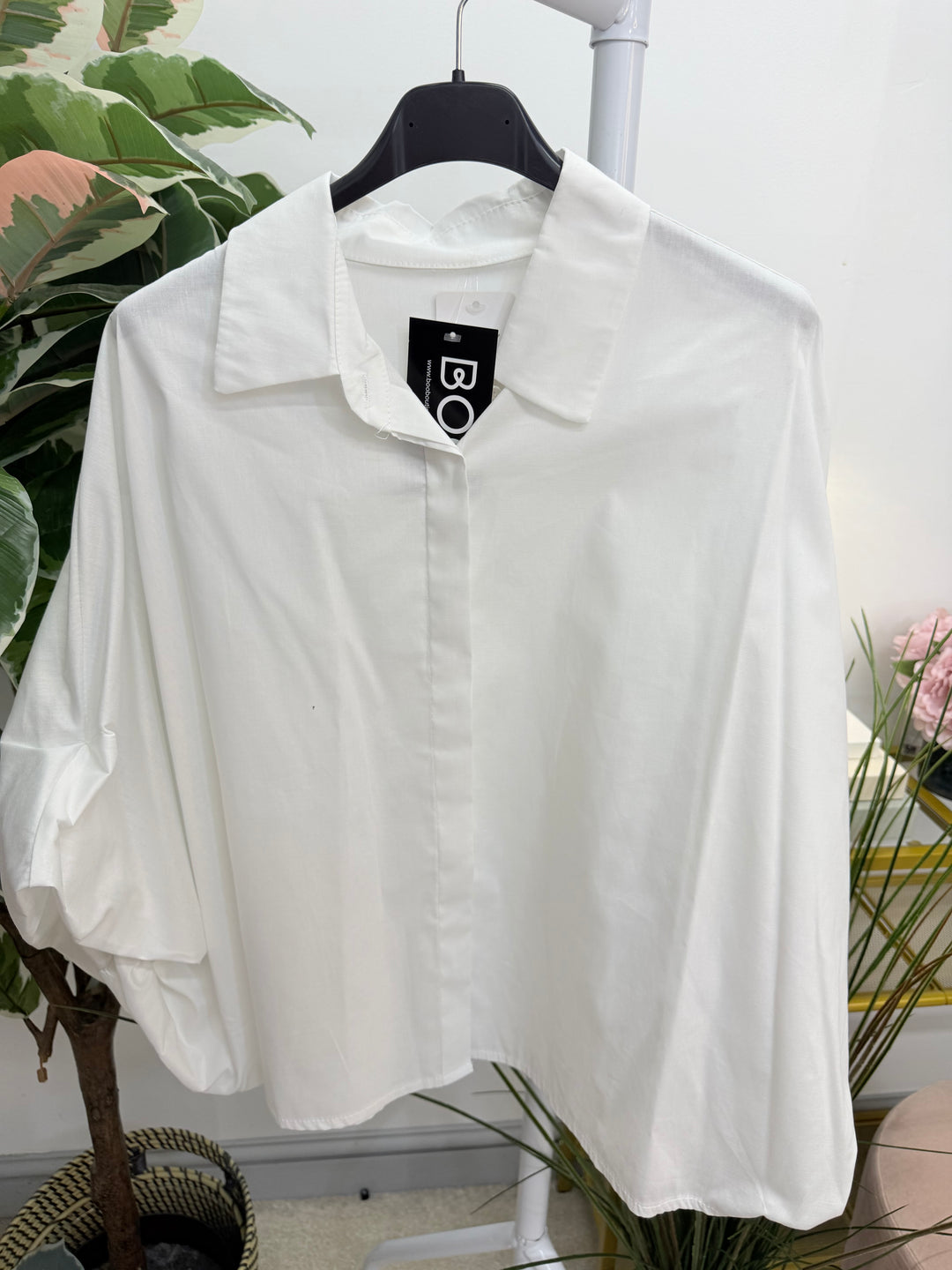 Women's Cotton Puff Sleeve Blouse Shirt Top - White, Burgundy & Brown