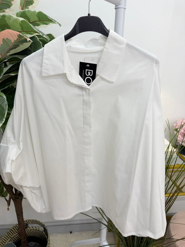 Women's Cotton Puff Sleeve Blouse Shirt Top - White, Burgundy & Brown