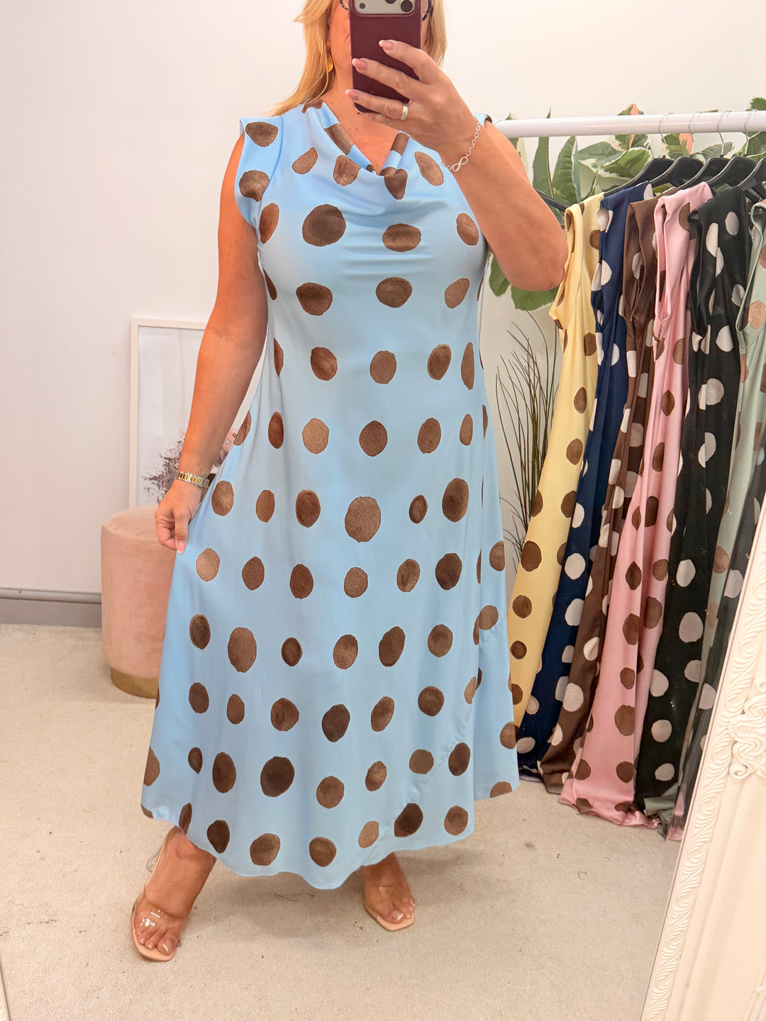 Ladies Satin Polka Dot Sheath Dress - Lemon, Black, Pink, Khaki, Navy, Black & Blue