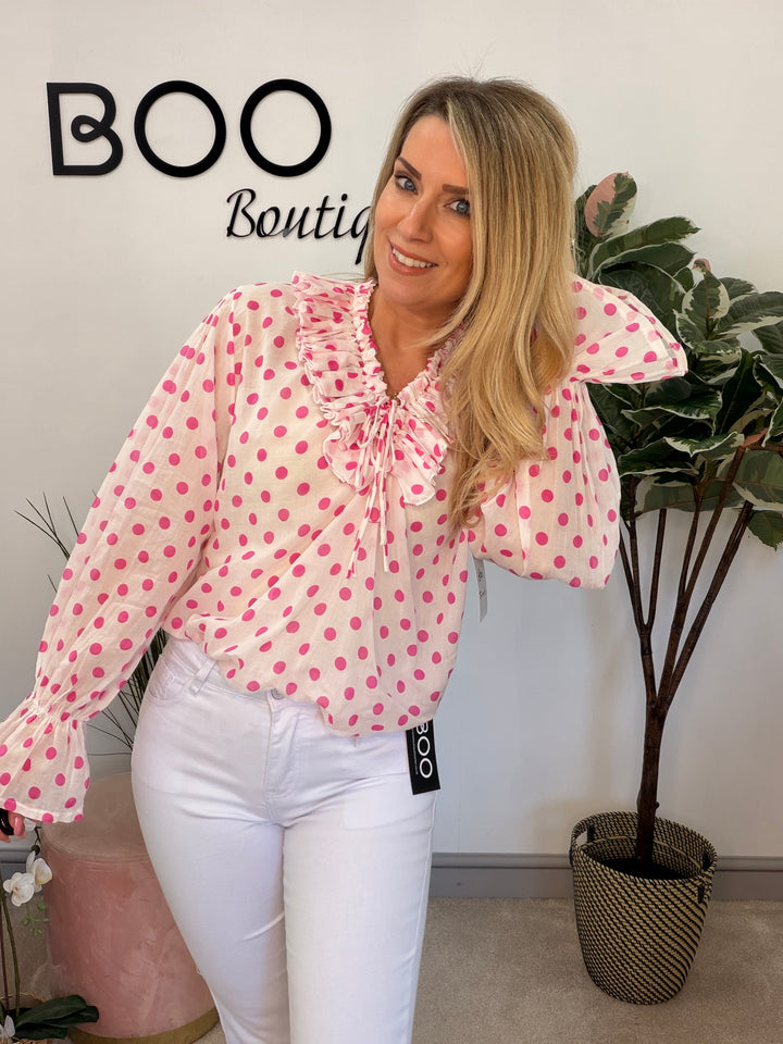 Ladies Fashion White Cotton Polka Dot Pretty Blouse - pink & navy