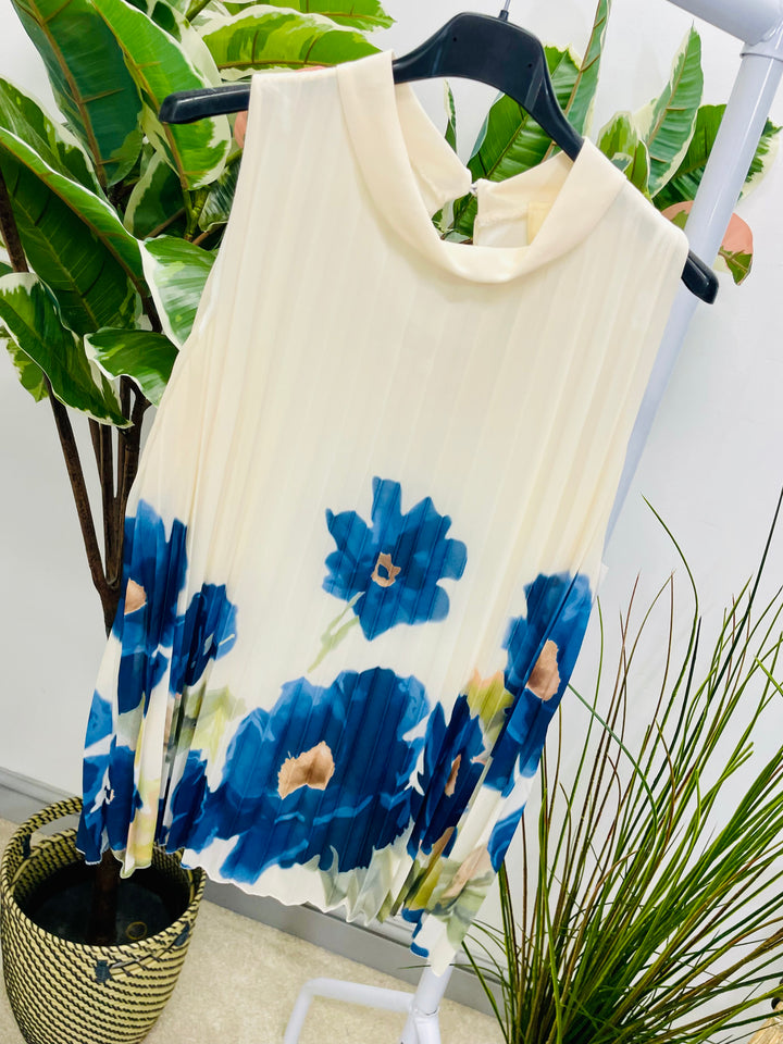 LADIES PLEATED FLOWER PRINT CHIFFON TOP - BLACK, KHAKI, LEMON, PINK & NAVY