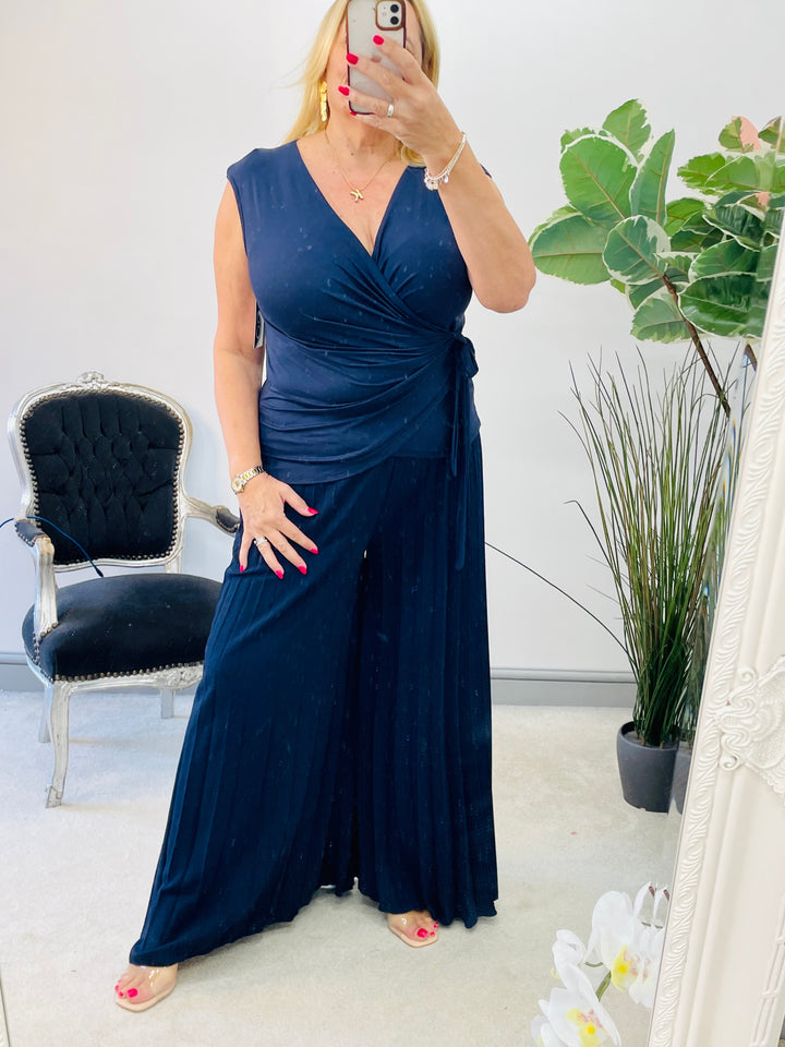 LADIES WOMENS PLEATED WIDE LEG PALAZZO CULOTTE TROUSERS - ROYAL BLUE, NAVY, BLACK, CAMEL, GREEN