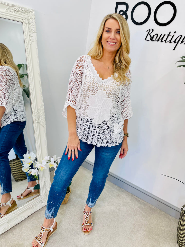 LADIES WOMENS WHITE CROCHET SUMMER TOP