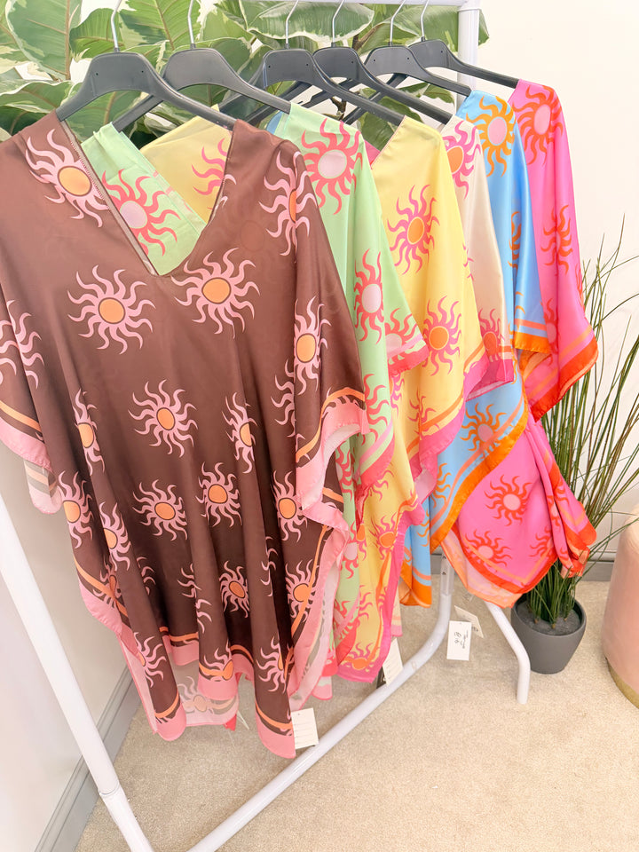 Ladies Fashion Silky Sun Print Kaftan Beach Cover Up Top 