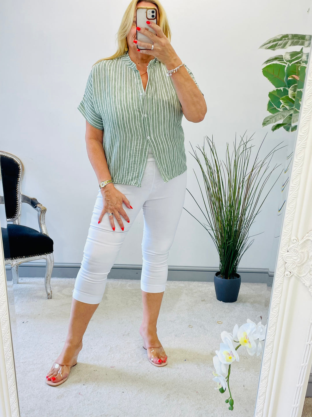 LADIES LINEN PINSTRIPE SUMMER SHIRT - KHAKI, BEIGE, BLUE