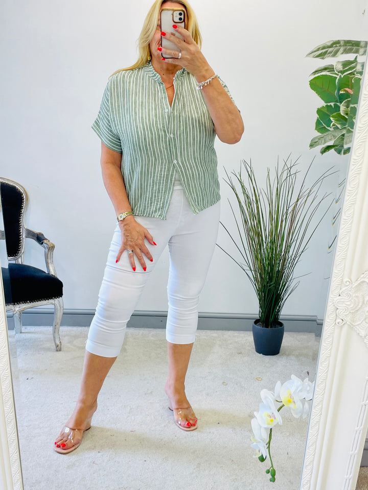 LADIES LINEN PINSTRIPE SUMMER SHIRT - KHAKI, BEIGE, BLUE