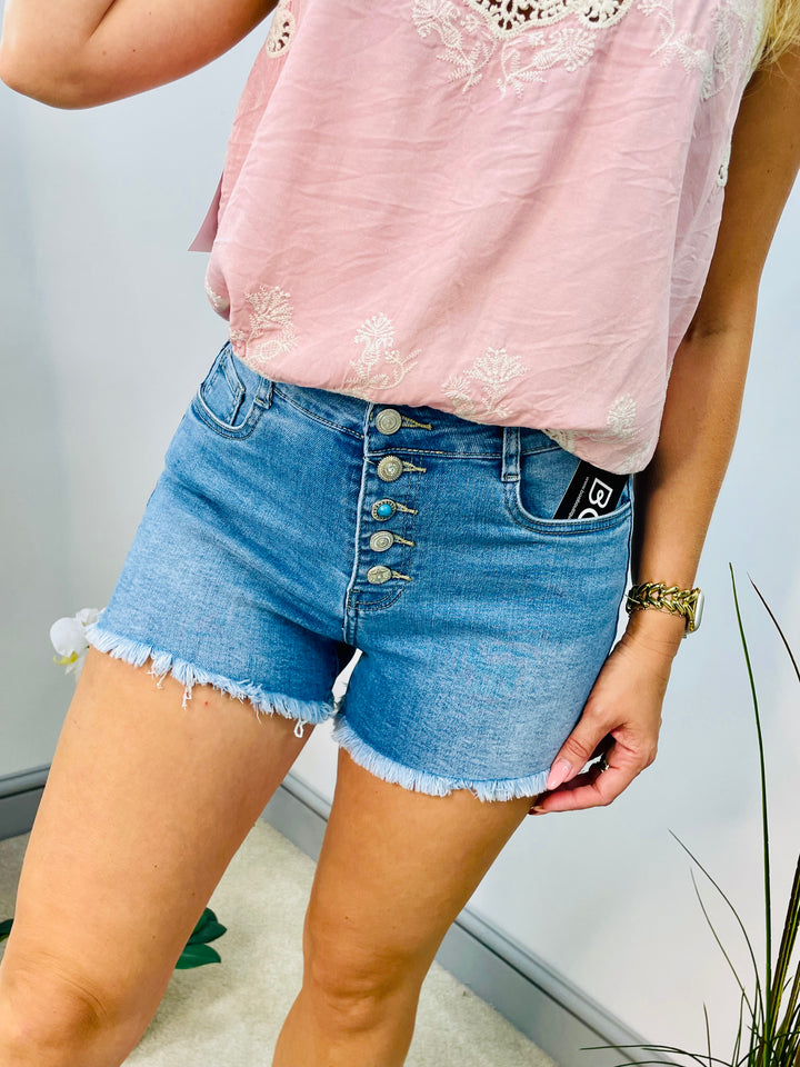 LADIES BLUE DENIM BUTTON FLY SHORTS
