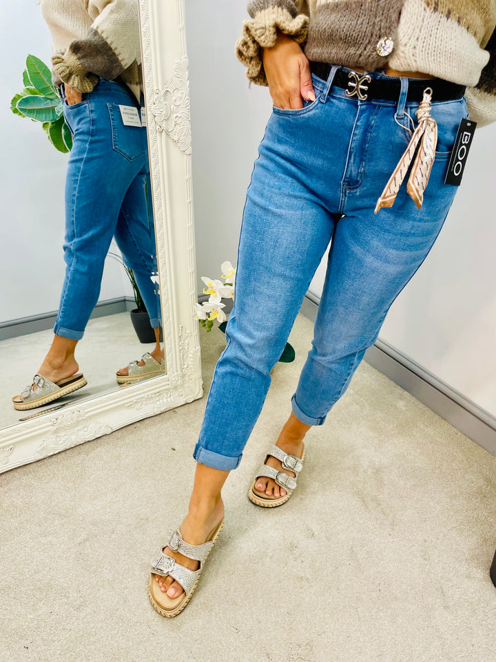 LADIES BLUE MID WASH STRETCH MOM FIT DENIM JEANS