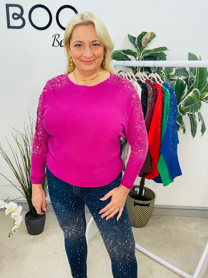 LADIES DIAMANTE SLEEVE BATWING JUMPER MAUVE