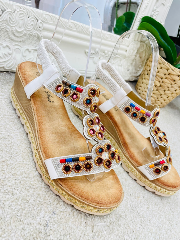 LADIES WOMENS WHITE BEADED LOW WEDGE HEEL SANDALS  sizes 3 to 8