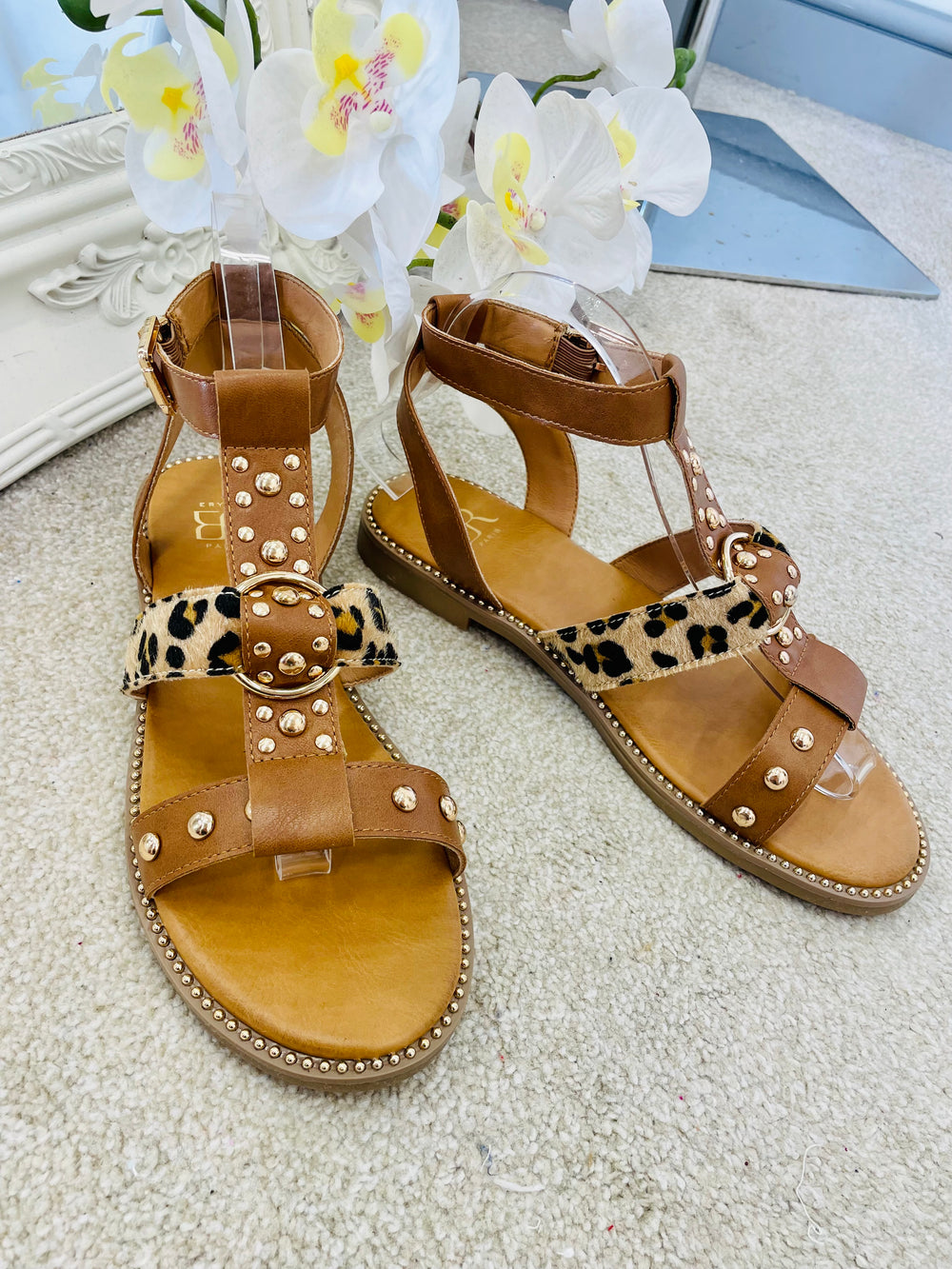 LADIES TAN FLAT SUMMER GLADIATOR SANDALS 