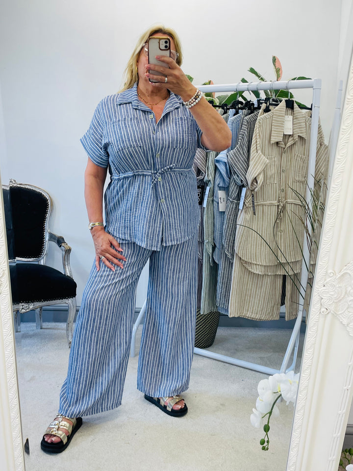 LADIES PINSTRIPE LINEN TROUSER CO ORD SET - BLUE, GREY, KHAKI & BEIGE