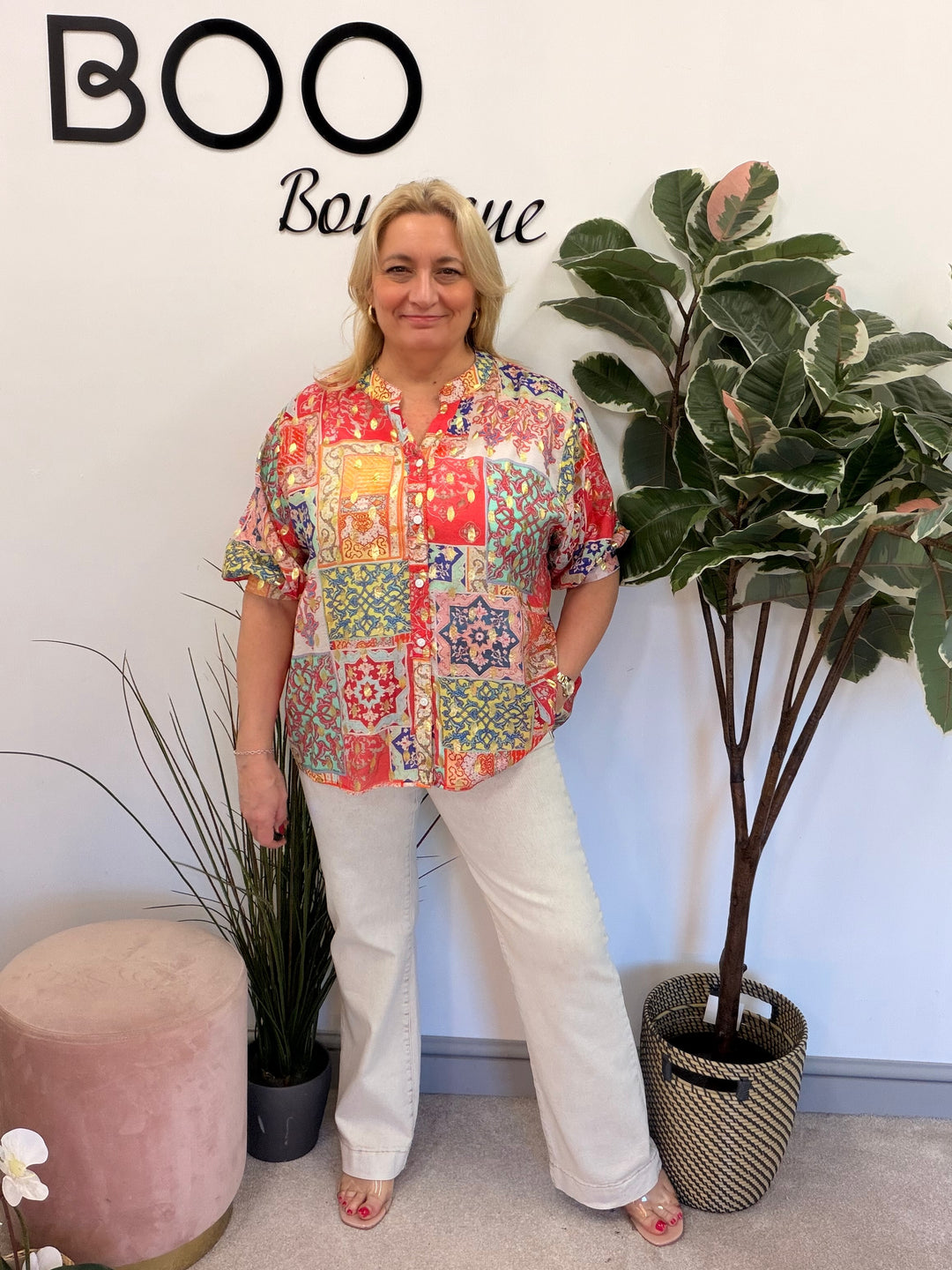 Ladies Red Orange Pink Short Sleeve Blouse Shirt