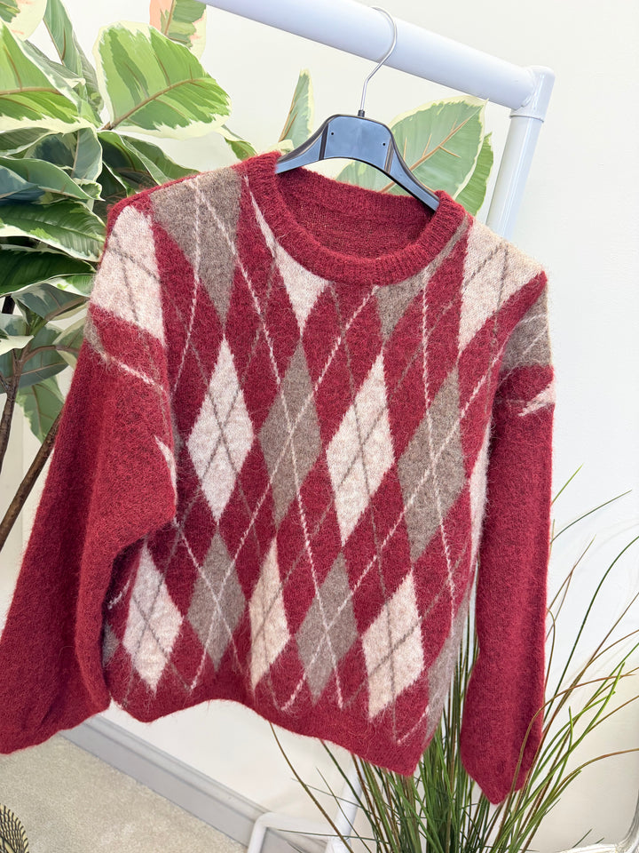 LADIES FASHION ARGYLE KNIT JUMPER - BERRY, CREAM, BROWN, 