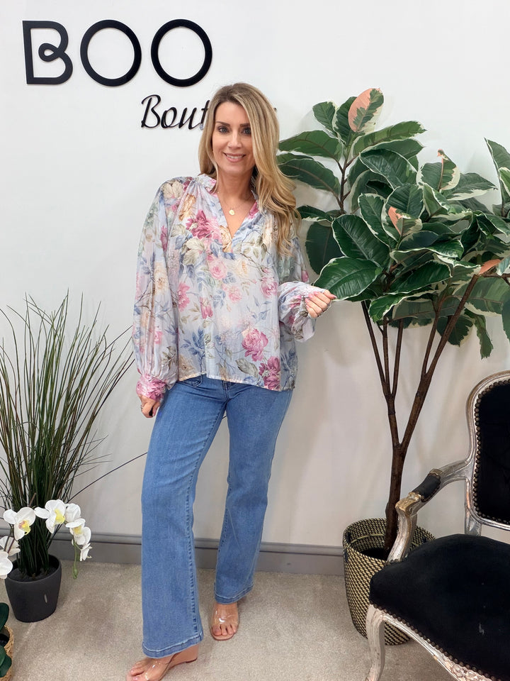 Ladies Fashion Pretty Floral Print Blouse - Pink, White & Blue