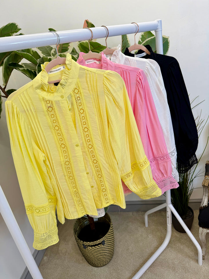 LADIES COTTON LACY BLOUSE SHIRT - WHITE, BLACK, YELLOW  & PINK