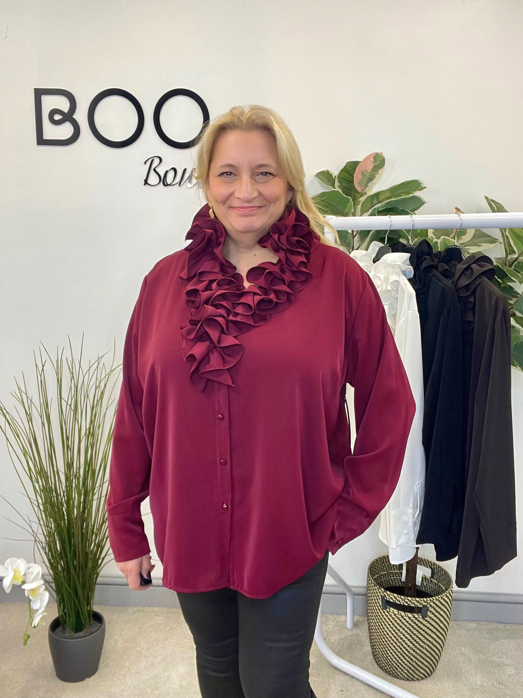 LADIES RUFFLE FRILL BLOUSE SHIRT - WHITE, BLACK, BROWN & BERRY