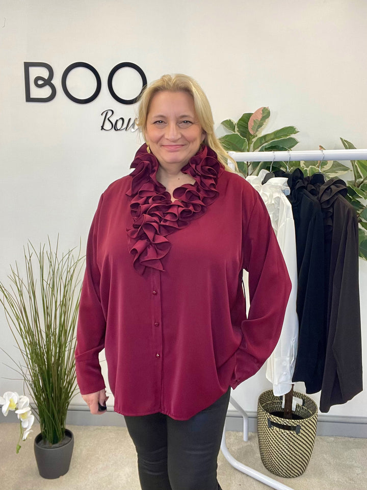 LADIES RUFFLE FRILL BLOUSE SHIRT - WHITE, BLACK, BROWN & BERRY