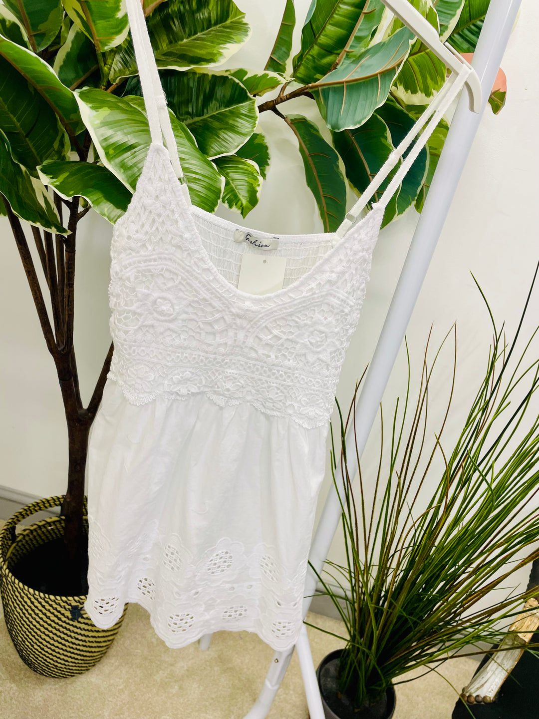 LADIES BOHO CROCHET CAMI SUMMER TOP - WHITE & BEIGE