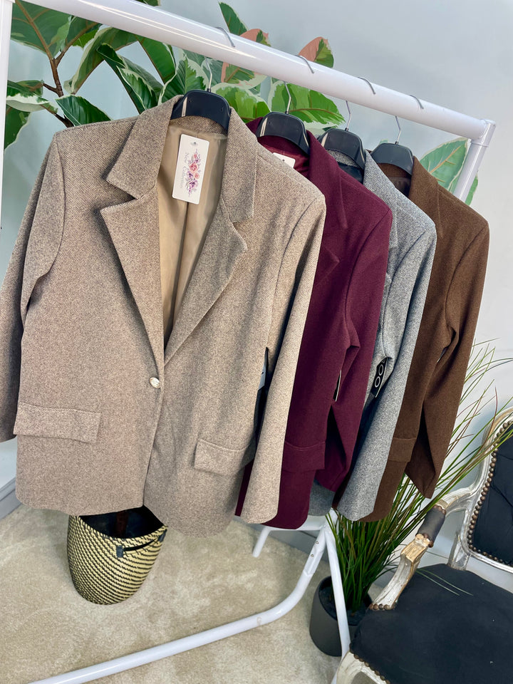 LADIES HERRINGBONE FASHION BLAZER - PLUM, GREY, BEIGE & BROWN