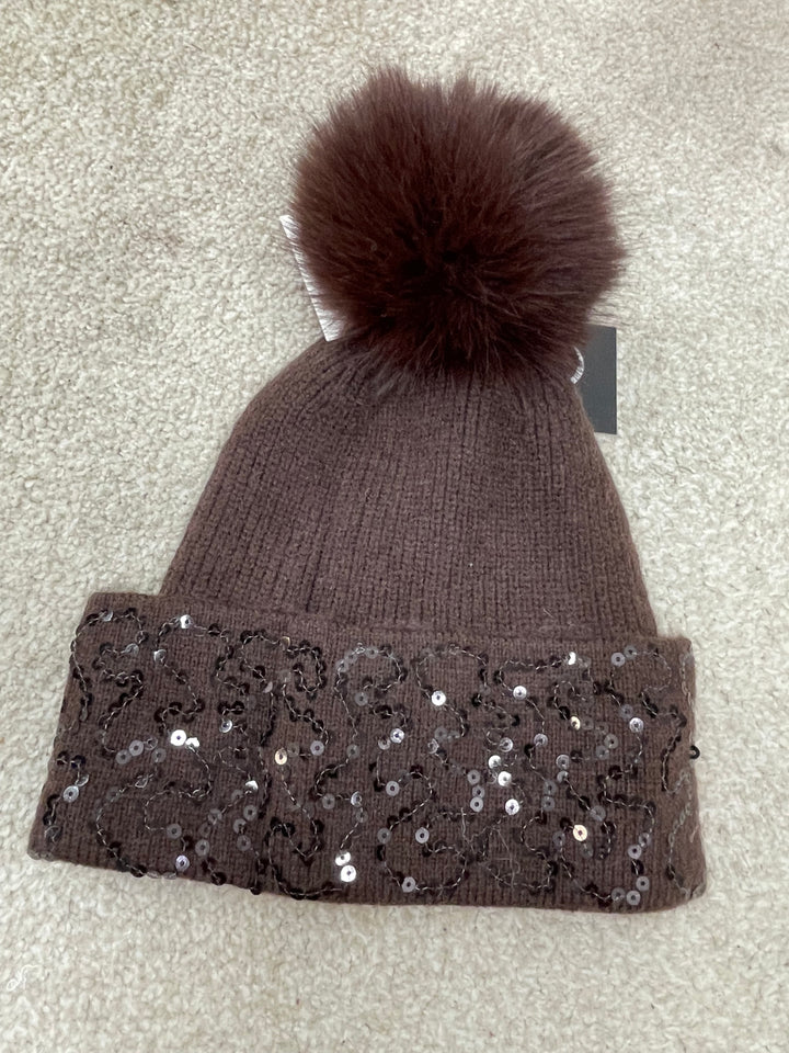 LADIES FAUX FUR DIAMANTE BOBBLE BEANIE HAT - BLACK, WINE, WHITE, BEIGE, BROWN
