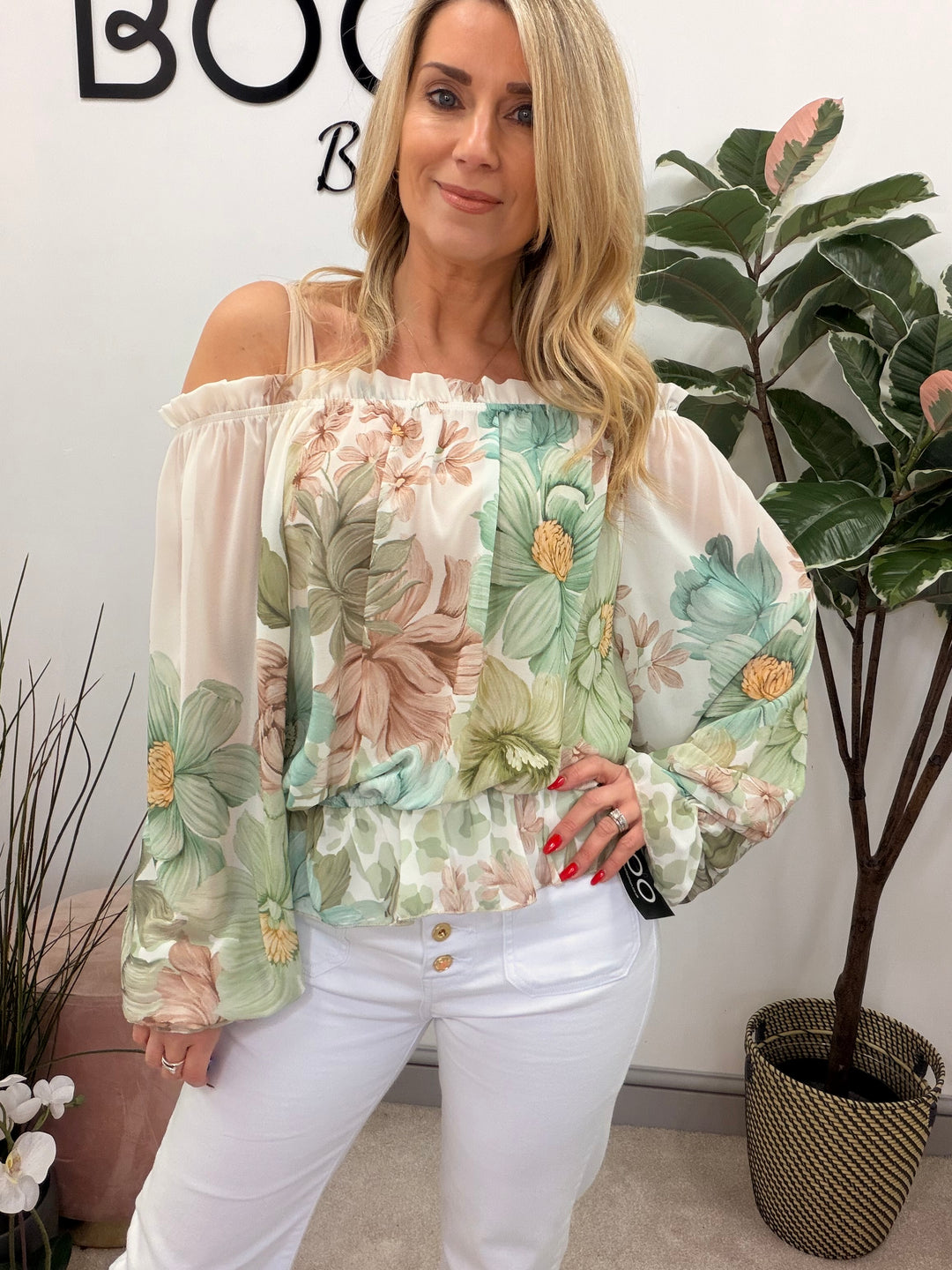 Ladies Fashion Flower Print Bardot Top Blouse - Pink, Lemon, Green & Blue