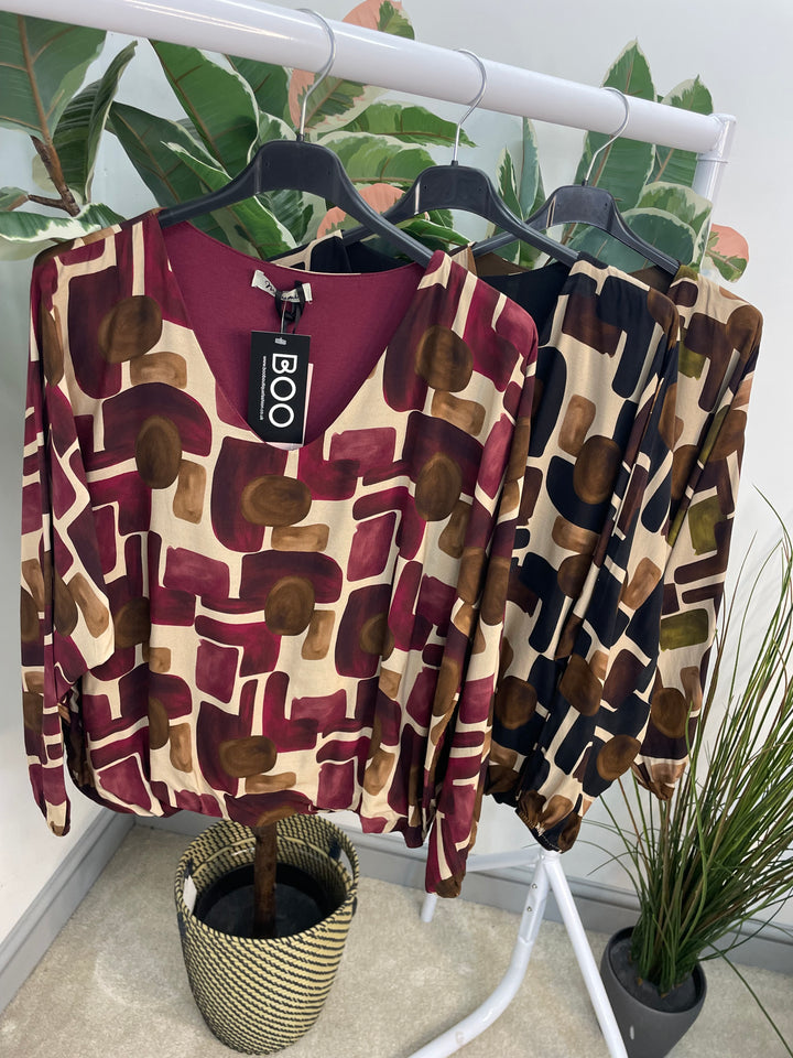 LADIES RETRO PRINT TOP - BROWN, BURGUNDY, BLACK