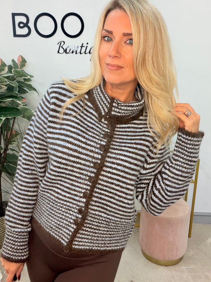 Womens Soft Knit Blue Brown Stripe High Neck Cardigan Jumper