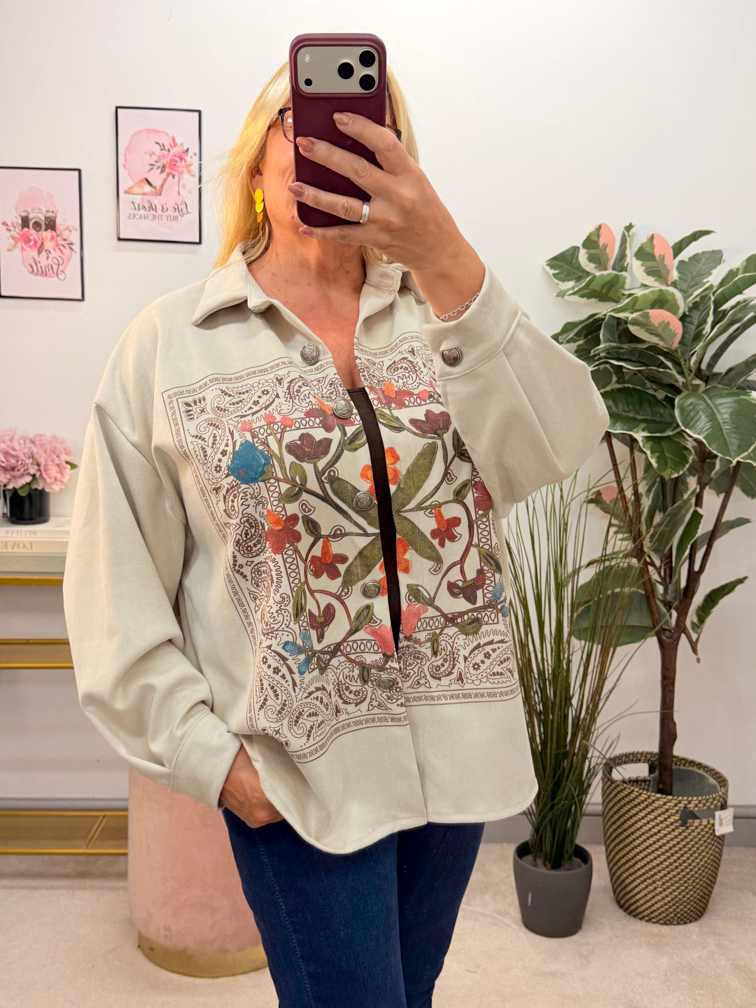 Ladies Fashion Faux Suede Shacket Jacket - Beige & Mocha