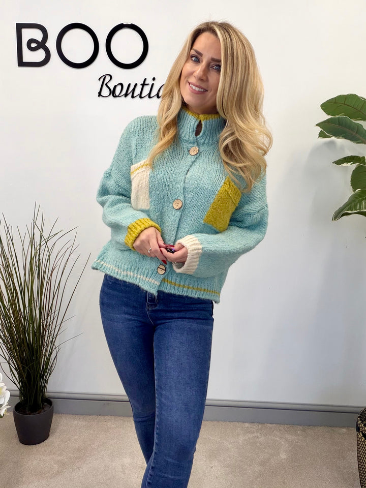 LADIES FUNKY CHUNKY KNIT TWO TONE CARDIGAN - MINT, BEIGE, ORANGE & LIME