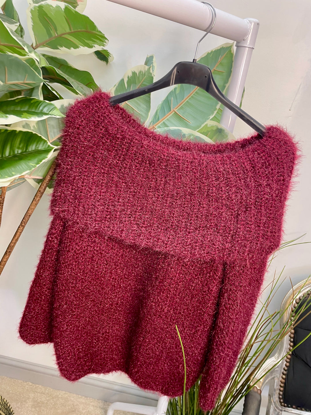 LADIES FLUFFY BARDOT JUMPER - NAVY, BLACK, WINE, MOCHA, BROWN, CREAM