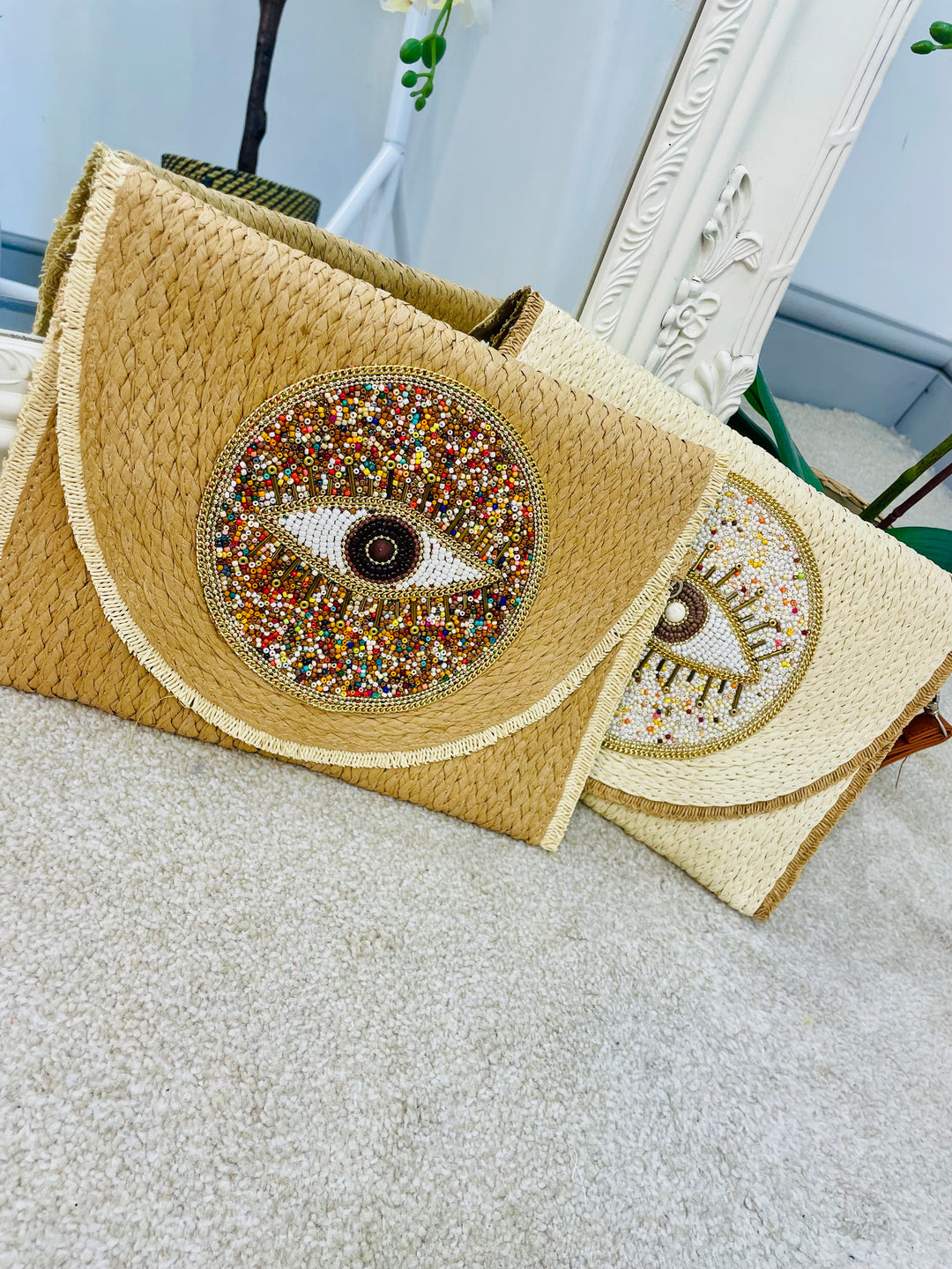 LADIES STRAW WOVEN BEADED EYE CLUTCH SHOULDER BAG