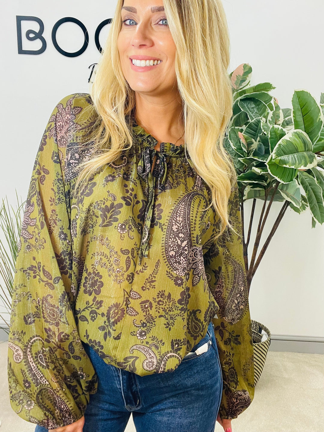Ladies olive chiffon paisley print top 