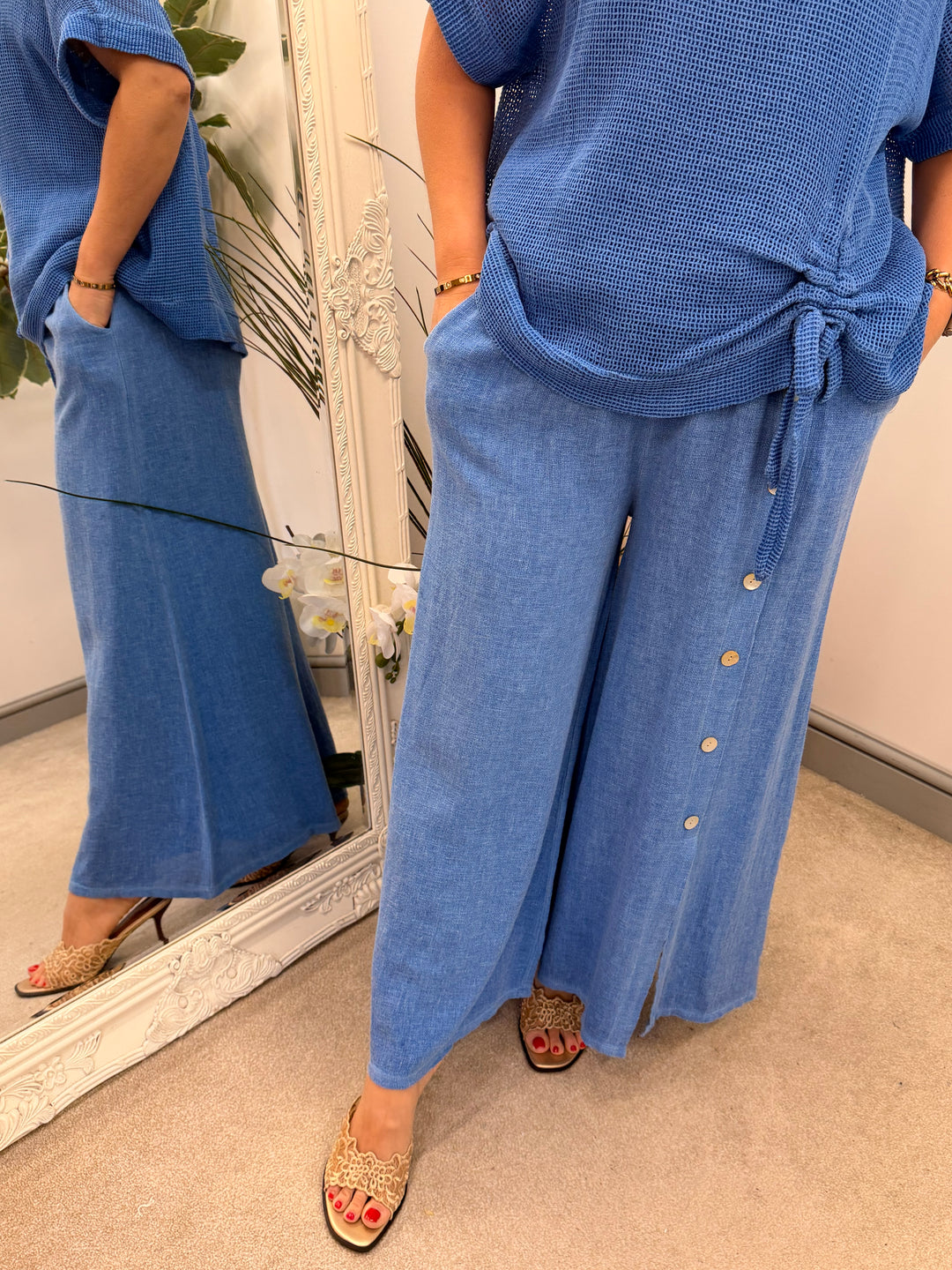 Ladies Fashion Wide Leg Palazzo Teabag Linen Trousers royal blue