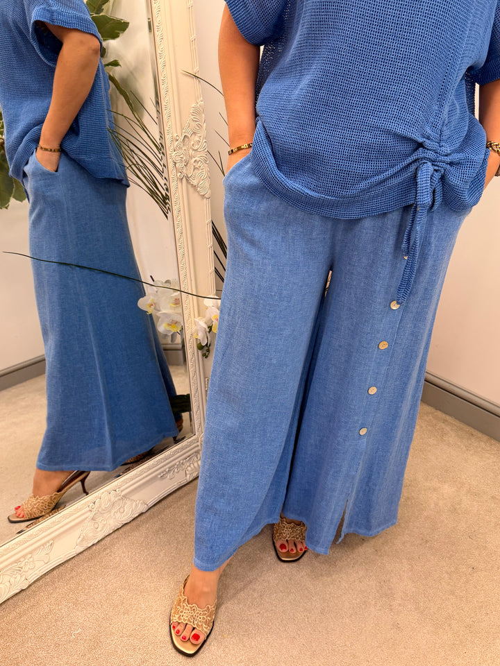 Ladies Fashion Wide Leg Palazzo Teabag Linen Trousers royal blue