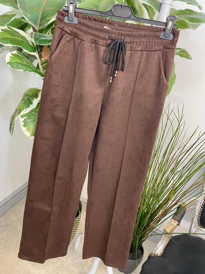 LADIES FAUX SUEDE STRAIGHT LEG TROUSERS - BROWN, CAMEL & BLACK