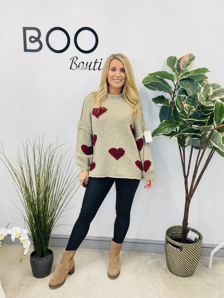LADIES CHUNKY KNIT HEART JUMPER - MOCHA, BEIGE, BROWN & PINK
