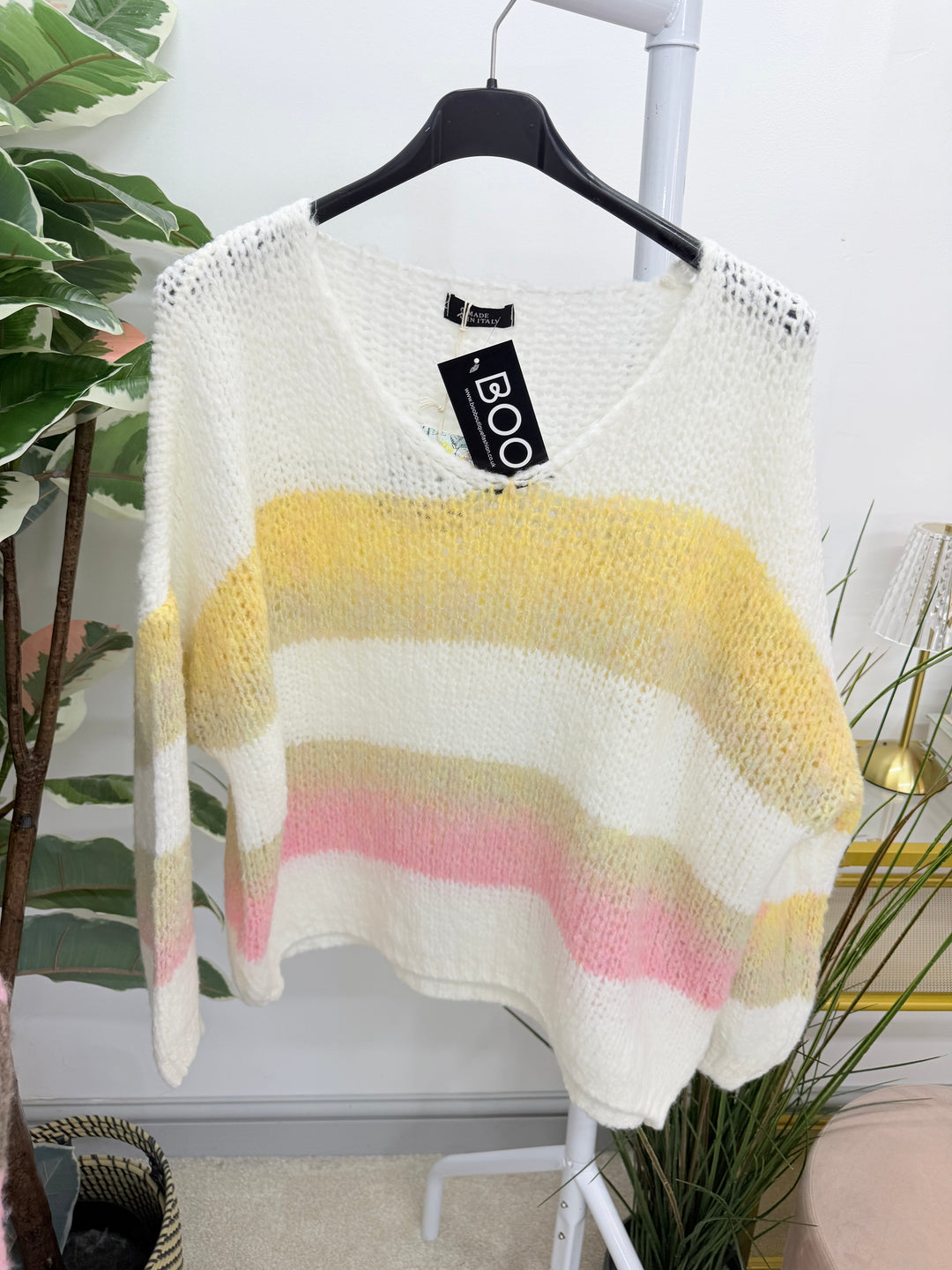 Ladies Fashion Stripe Slouch Chunky Knit Jumper - Mocha, Grey & Beige