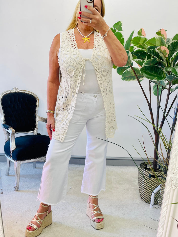 LADIES WOMENS CROCHET SLEEVELESS CARDIGAN - BLACK, WHITE, BEIGE