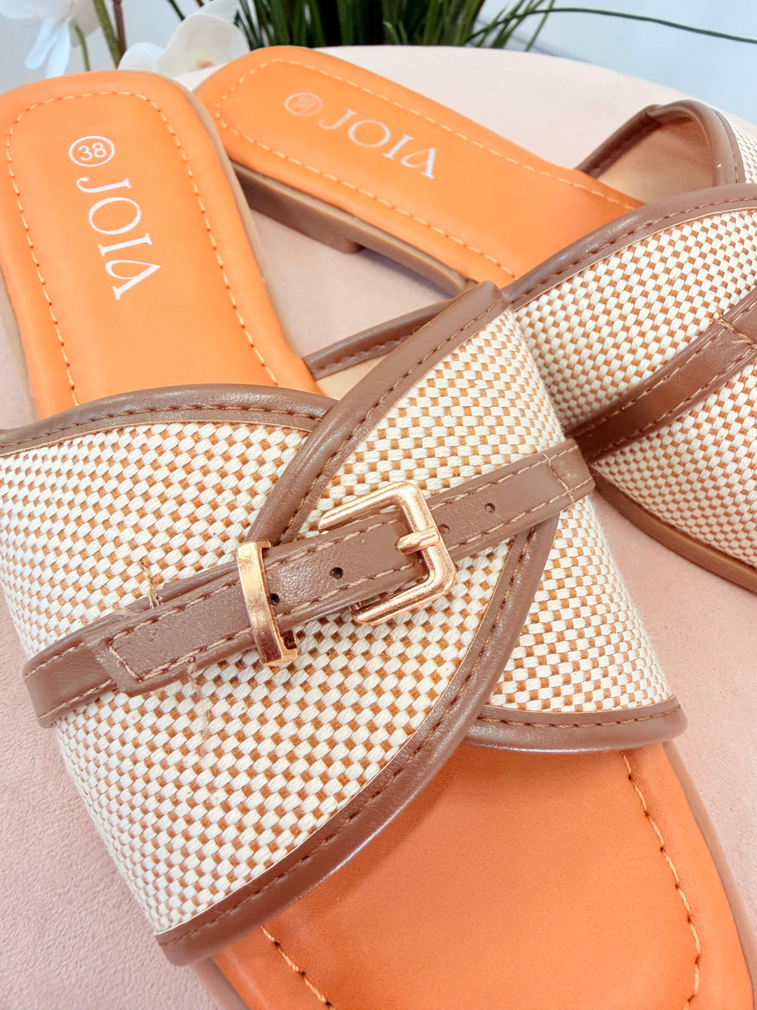 Ladies Fashion Brown Beige Hessian Buckle Slider Sandals