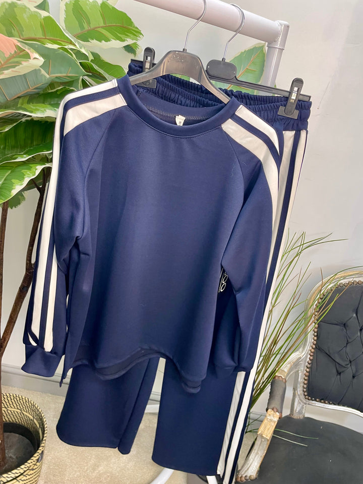 LADIES SPORTS LUXE STRIPE TROUSER CO ORD SET - BLACK, NAVY, KHAKI, MOCHA, BROWN