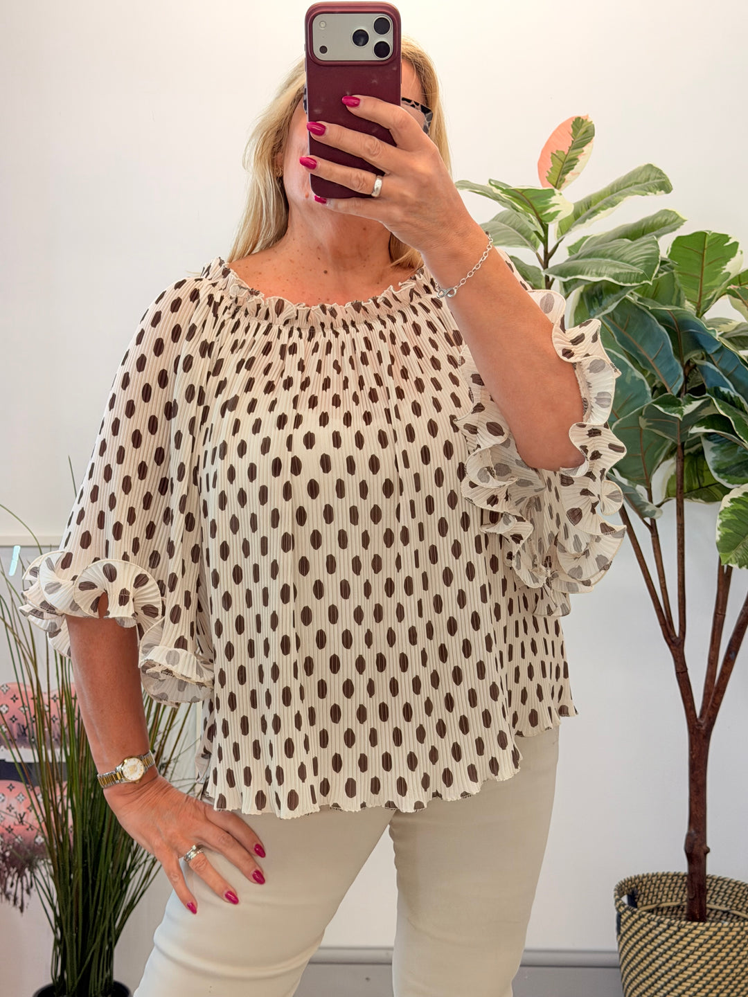 Ladies Pleated Polka Dot Bardot Top - White, Black, Navy & Beige