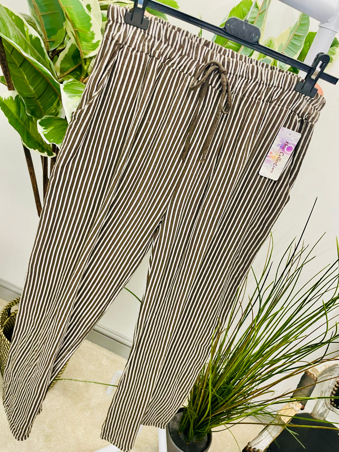 LADIES LINEN COTTON PINSTRIPE WIDE LEG CASUAL TROUSER - WHITE, DENIM BLUE, MOCHA & BROWN