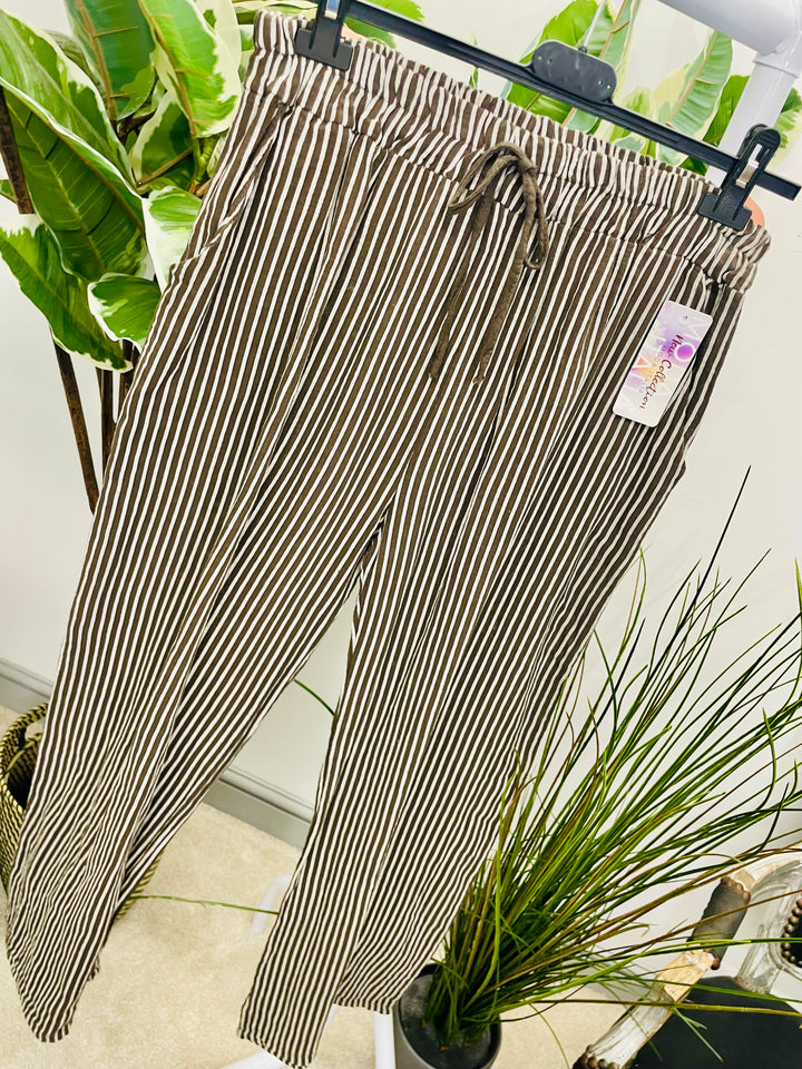 LADIES LINEN COTTON PINSTRIPE WIDE LEG CASUAL TROUSER - WHITE, DENIM BLUE, MOCHA & BROWN